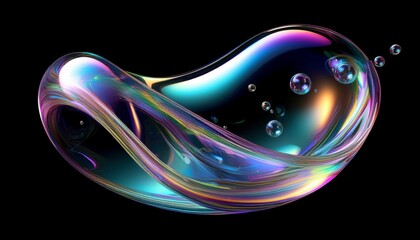 Wall Mural - An abstract, holographic fluid shape made of transparent glass, with a soap water bubble and reflection, isolated on a black background. 3d illustration.