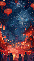 Wall Mural - Winter, fireworks, Chinese New Year background, lanterns, family happily together, fireworks, red tone