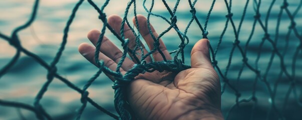 Hand reaching through net.