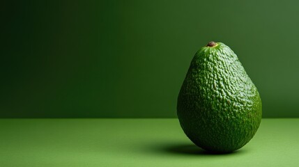 A fresh avocado on a plain green background, with ample text space.