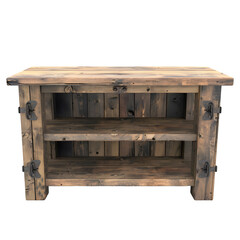 Poster - Vintage wooden console table with metal details and shelves rendered in 3d on a clear background