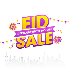 Sticker - White color banner or poster design with bunting decoration for Eid Festival sale.