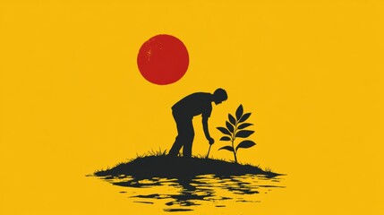 Silhouette of a Gardener Planting Against a Yellow Sunset