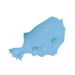 Wall Mural - Niger political map of administrative divisions - regions and capital city of Niamey. Shaded vector map with 3D-like blue gradient and name labels