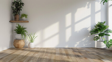 Wall Mural - a modern minimalist room with a wood floor and white wall background