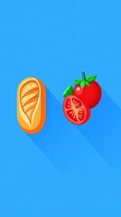 Poster - Stylized Bread and Tomato on Blue Background