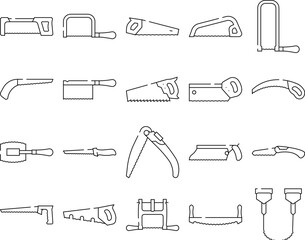 Wall Mural - hand saw construction icons set vector. tool wood, carpentry blade, equipment handsaw, work metal, cut worker, carpenter hand saw construction black contour illustrations