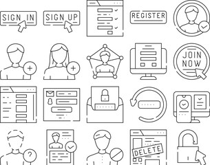 registration form web icons set vector. register user, website online, login laptop, computer, internet new application registration form web black contour illustrations