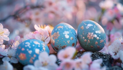 Colorful Easter Eggs Nestled Among Delicate Cherry Blossom Flowers in Spring Sunshine