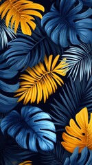 Canvas Print - Vibrant Blue and Yellow Tropical Leaves Background