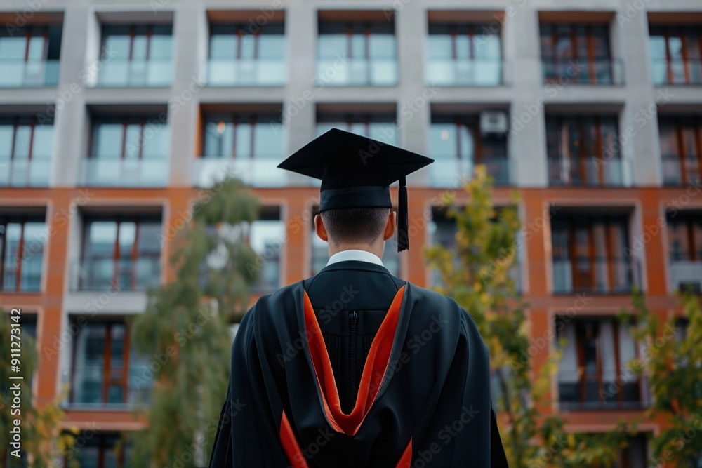 Graduate in a cap and gown standing in front of a modern urban building ...