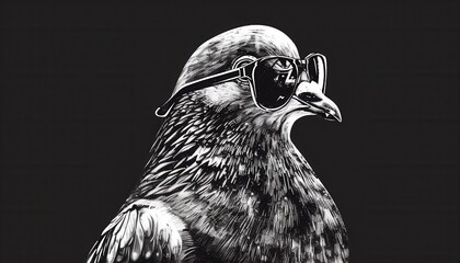 Cool Pigeon Wearing Sunglasses Against Black Background in Artistic Illustration Style