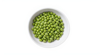 Wall Mural - Fresh green garden peas in a white ceramic bowl isolated on white. Top view.