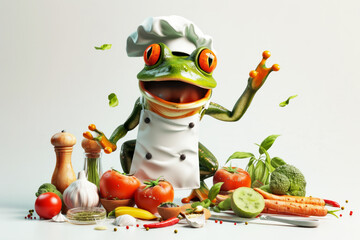 Frog Chef Surrounded by Fresh Vegetables