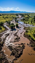 Sticker - Aerial View of Widespread Flooding in Countryside. A rural area vividly illustrating extensive flooding, 