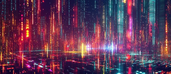 Poster - A vibrant digital cityscape glowing with neon lights showcasing streams of binary code and cutting edge technology in a virtual landscape