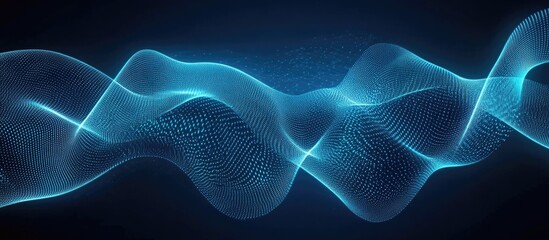 Poster - Abstract glowing blue wave background with curved lines representing sound frequencies and technology