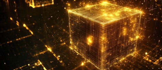 Aufkleber - Abstract technology background featuring a golden digital box shape illuminated with light representing science and technology concepts 3D rendering