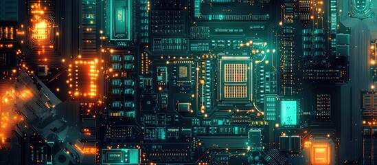 Poster - Abstract technology background featuring a circuit board and central computer processors CPU concept with digital motherboard chips