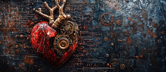 Poster - Biomechanical heart featuring mechanical gears and electronic circuits Art collage symbolizing human health longevity science innovation and surreal technology