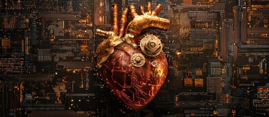 Poster - Biomechanical heart featuring mechanical gears and electronic circuits Art collage symbolizing human health longevity science innovation and surreal technology