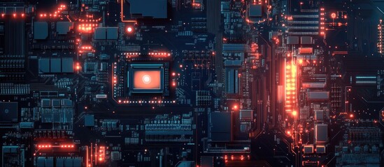Poster - Circuit board with technology background featuring central computer processors and motherboard digital chips