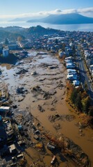 Canvas Print - Aerial View of Widespread Flooding in Countryside. A rural area vividly illustrating extensive flooding, 