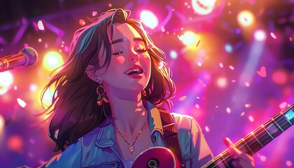 stylish cartoon woman with a guitar at a large concert, cheerful expression, colorful visuals, 8k re