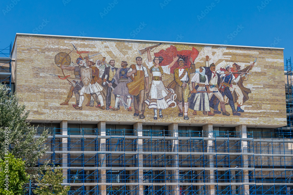 Tirana, Albania 07-16-2024 The historical National History Museum of Albania with the large mural mosaic titled The Albanians that depicts purported ancient to modern figures from Albania's history