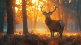 Graceful deer standing in a misty forest clearing at dawn