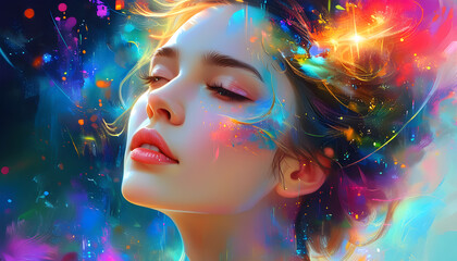 Digital art portrait painting of a young woman with her eyes closed, surrounded by an explosion of vibrant colors, with a dreamy expression