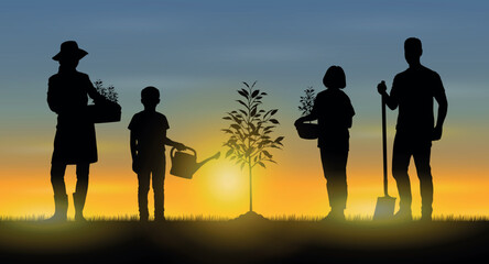 Wall Mural - Family planting trees poses outdoor nature at evening sunset silhouettes.