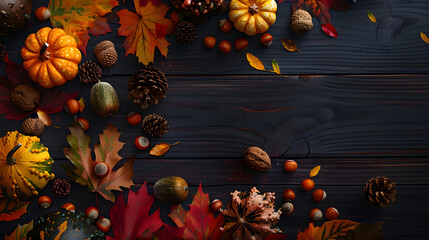 Thanksgiving Wallpaper with Fall leaves, Gourds and Acorns on a Dark wood Tabletop.