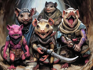 Sticker - A group of mice are posing for a picture, with one of them holding a sword. Scene is lighthearted and playful, as the mice are dressed up and posing for the camera