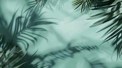Poster - Abstract Tropical Mint-Colored Background Featuring Soft Palm Tree Shadows, Ideal for Mockups and Product Presentations