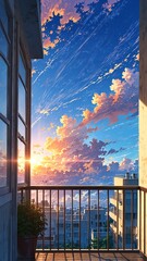 Wall Mural - 3d balcony sun sky background anime illustration cartoon design 6