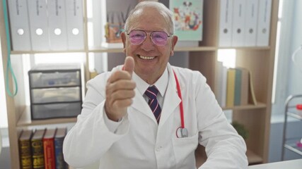 Poster - Elderly, grey-haired man in a clinic, wearing a white coat with a red stethoscope, smiles warmly while indoors and gives a thumbs-up, suggesting competence and friendliness.