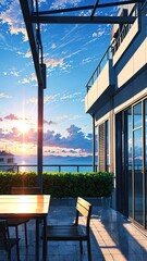 Wall Mural - 3d patio with sun sky background anime illustration cartoon design 76