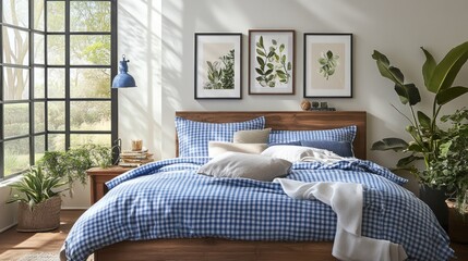 Wall Mural - Bedroom Interior with Blue and White Bedding