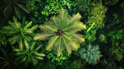 A top view of a coconut tree in a vibrant tropical forest, surrounded by diverse plant life