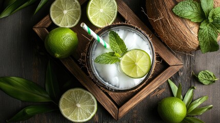 A top view of a coconut water drink with a straw, lime slices, and fresh mint leaves on a wooden tray