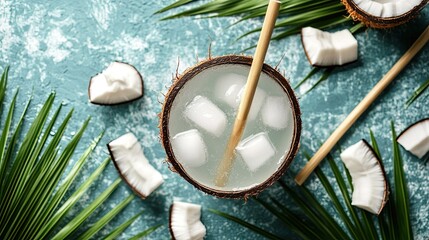 A top view of a coconut water drink with a bamboo straw, surrounded by fresh coconut pieces