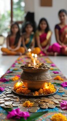 Auspicious beginnings: happy Dhanteras, featuring a gleaming pot filled with gold coins, representing the festival's blessings of wealth and prosperity, marking a joyous and prosperous celebration.