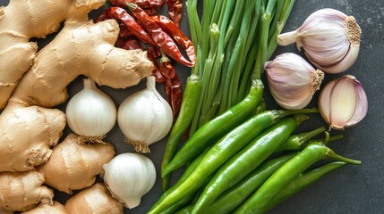 Wall Mural - A top view shot of fresh Thai ingredients for curry, including garlic, shallots, ginger, and green chili peppers