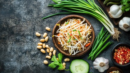 Wall Mural - A top view shot of Thai vegetables used in Pad Thai, including bean sprouts, garlic chives, and peanuts on a rustic background