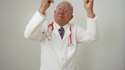 Poster - Elderly caucasian doctor in white attire with a stethoscope and tie, animatedly expressing various emotions against a white wall.