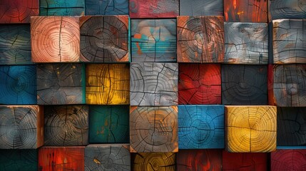 Wall Mural - Colorful cubic wooden texture, wood cube background, checkered wooden texture, banner