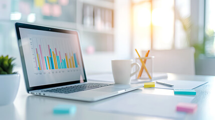 Poster - Contemporary modern workspace showcasing a laptop alongside insightful data visualization graphs to enhance productivity and analytics