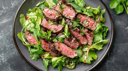 Wall Mural - Top view of a spicy beef salad with grilled beef slices, mixed greens, and a spicy vinaigrette, garnished with fresh herbs.