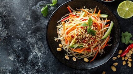 Wall Mural - Top view of a spicy green papaya salad with shredded papaya, mixed vegetables, and a tangy chili lime dressing, garnished with peanuts.